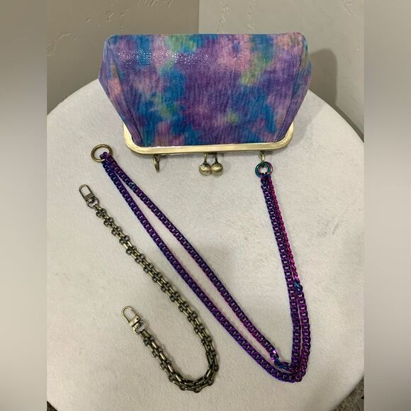 Handmade Genuine Leather Tie-dye Print Kisslock Wristlet/Crossbody & 2 Chains - Picture 13 of 16